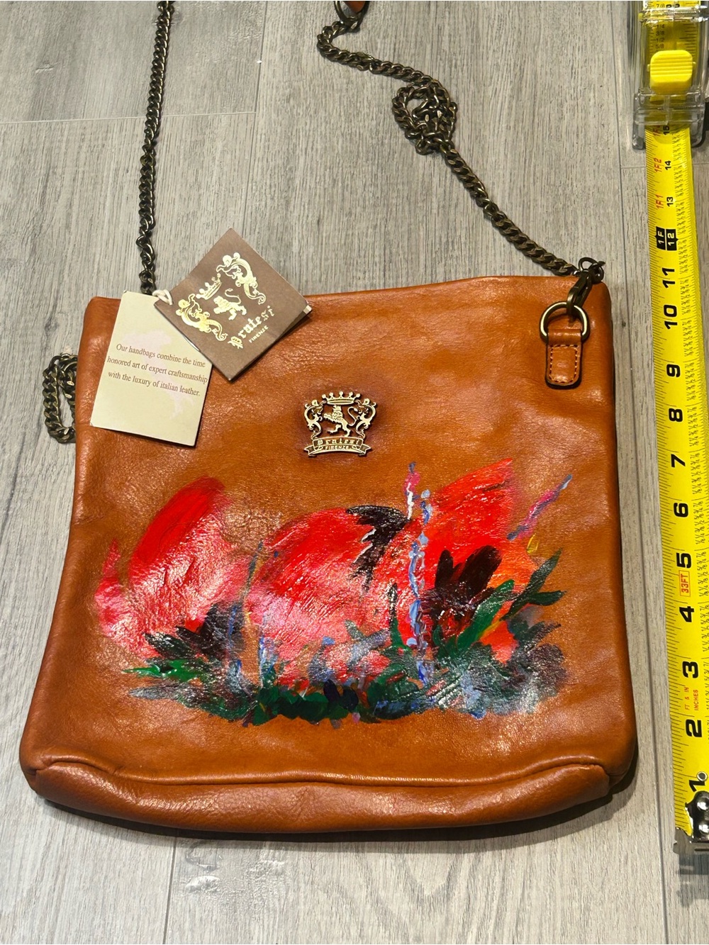 Rare Pratesi Hand-Painted Vintage Italian Leather Crossbody Bag Floral Accent
